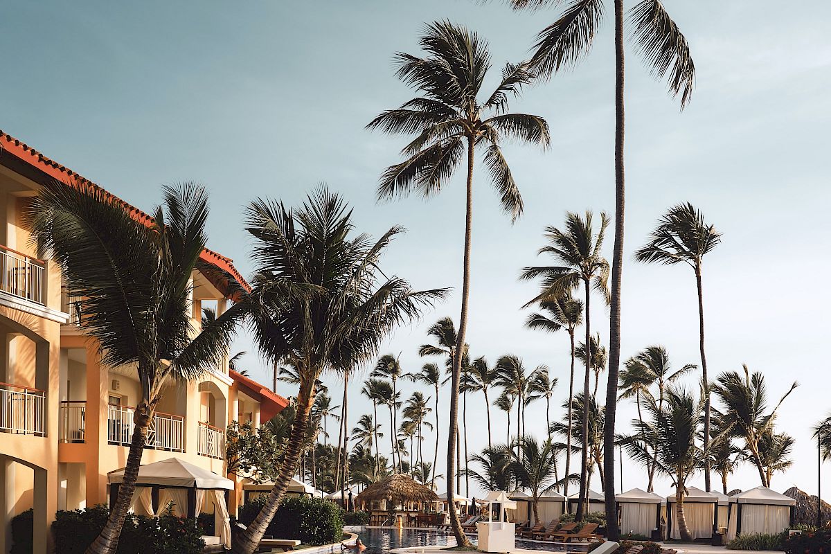 A tropical resort scene with a swimming pool, sun loungers, tall palm trees, and a building, all under a blue sky.